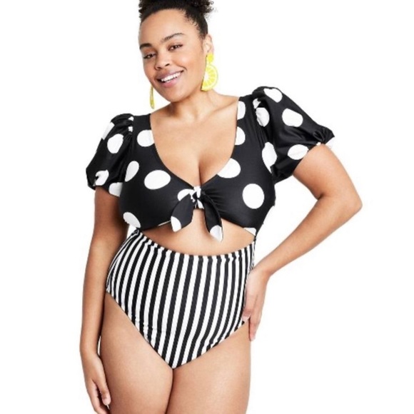 Tabitha Brown for Target Black White Stripe Polka Dot Swimsuit, XL - Picture 1 of 8